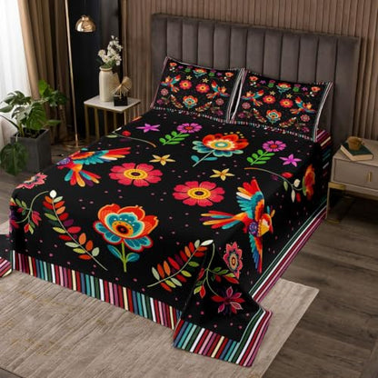 Mexican Talavera Floral Bedspread Set - Queen, Black & Red, 3 Pieces