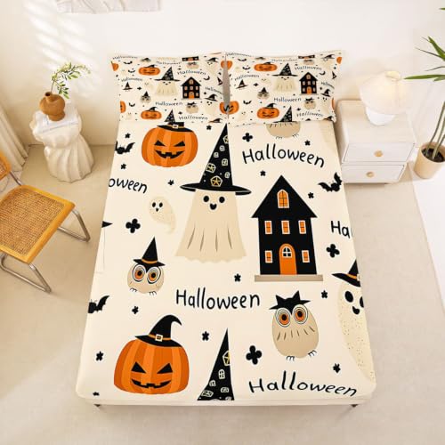 Halloween Bed Sheet Set King Size Ghost Bats Owl Pumpkin Deep Pocket Microfiber Ivory & Pumpkin Orange