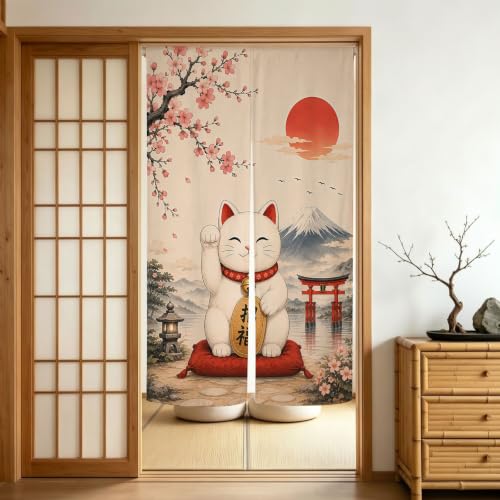 Japanese Lucky Cat Noren Doorway Curtain with Mount Fuji and Cherry Blossom - Red, 33.5 x 59 inches