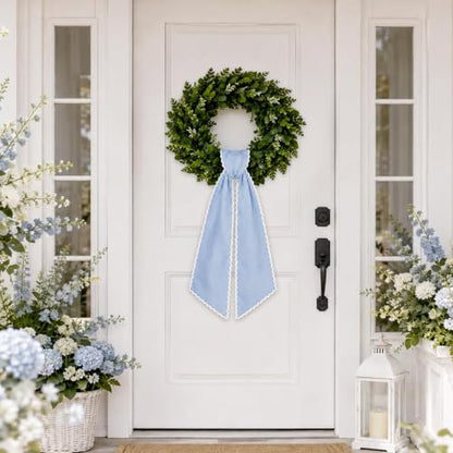 2-Piece Dusty Blue Wreath Sash with Scalloped Trim for Front Door Decor