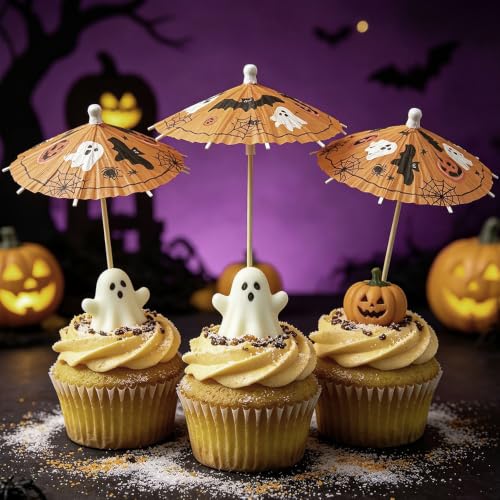Halloween Cocktail Umbrella Picks with Pumpkin Ghost Bat Design - 50 Pcs