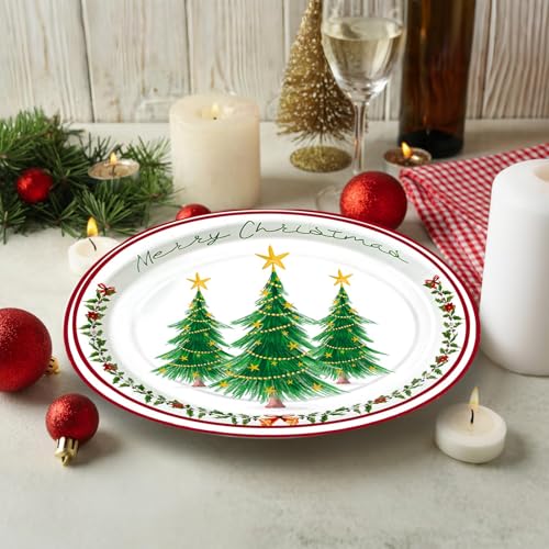 Christmas Tree Oval Paper Plates 10x12 Inches - Holiday Disposable Dinnerware, Merry Christmas Tableware for Xmas Party Supplies