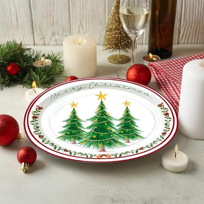 Christmas Tree Oval Paper Plates 10x12 Inches - Holiday Disposable Dinnerware, Merry Christmas Tableware for Xmas Party Supplies
