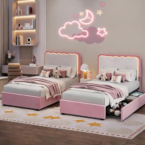 Pink Twin Bed Frame with Storage Drawers, LED Lights & Wavy Cloud Headboard