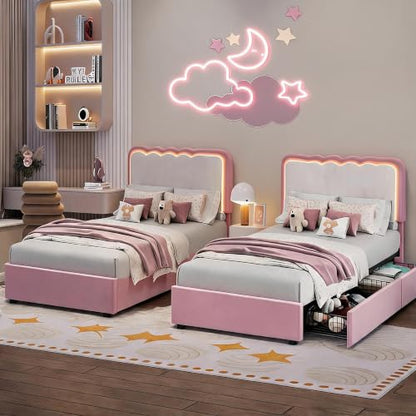 Pink Twin Bed Frame with Storage Drawers, LED Lights & Wavy Cloud Headboard