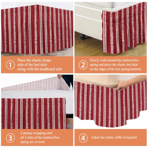 Red Boho Leaves Bedskirt Queen Size 16 Inch Drop Wrap Around Adjustable Dust Ruffle