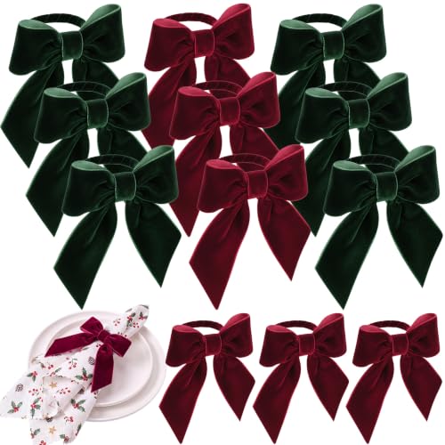 12 Pcs Velvet Christmas Bow Napkin Rings Burgundy & Dark Green Holiday Table Decor