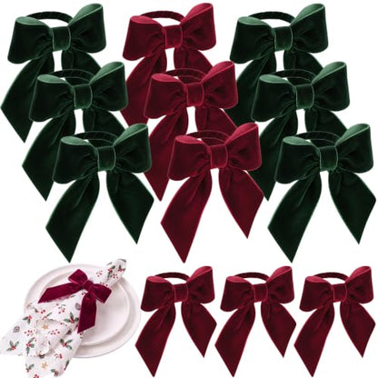 12 Pcs Velvet Christmas Bow Napkin Rings Burgundy & Dark Green Holiday Table Decor