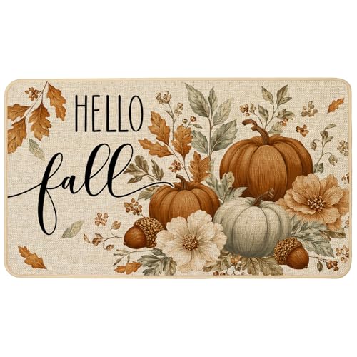 Hello Fall Pumpkin Doormat 17x29 Inch Indoor Outdoor Seasonal Welcome Rug