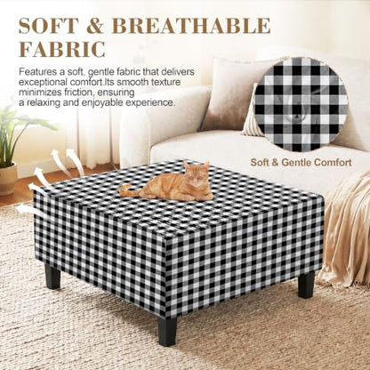 Buffalo Plaid Square Ottoman Cover - Washable Farmhouse Slipcover