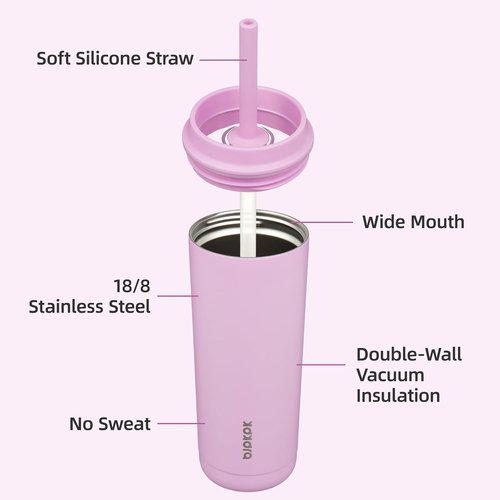 BJPKPK Insulated Tumbler - 20 oz Stainless Steel Travel Mug with Lid & Straw | Light Pink, Spill-Proof Design