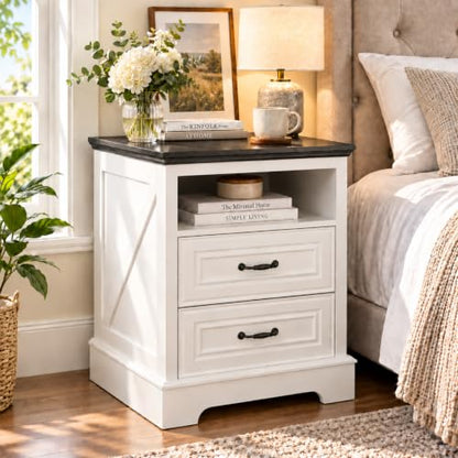 18" Farmhouse Nightstand with Charging Station - White, 2 Drawers | Variation: White / 1