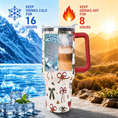 Christmas Bow 40oz Insulated Travel Tumbler with Handle - Festive Stainless Steel Mug