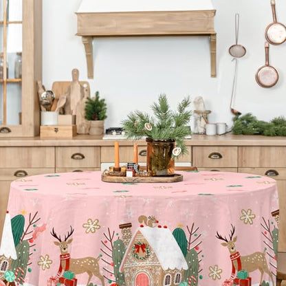 Pink Christmas Round Tablecloth 60x60 Inch Gingerbread House Reindeer Decoration