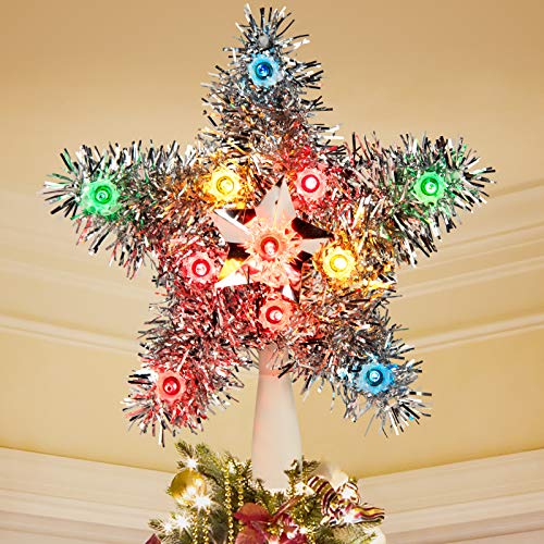 Multicolor Christmas Tree Star Topper with Lights - Tinsel Wreath Plug-in 3D Star
