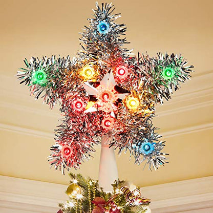Multicolor Christmas Tree Star Topper with Lights - Tinsel Wreath Plug-in 3D Star