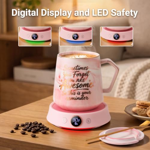 Pink Coffee Mug Warmer & Mug Set, Electric Desk Cup Warmer with Timer