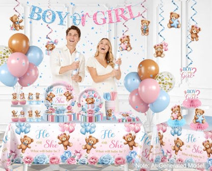 Brown Bear Gender Reveal Decorations Tableware Set - 205pcs for 25 Guests