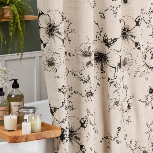 Vintage Black Floral Shower Curtain 72x72 Inches with 12 Clear Hooks - Boho Farmhouse Style