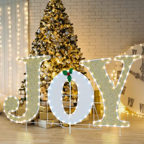 Lighted Christmas Joy Sign Decoration 3.8FT x 2FT Gold & White with Holly - LED Holiday Indoor Outdoor Decor