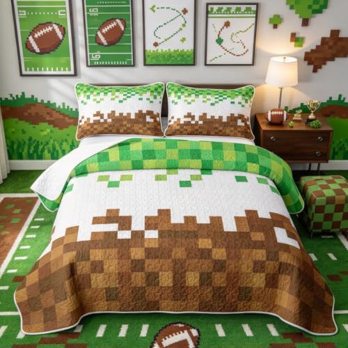Pixelated Theme Quilt Bedding Set Full Brown Green Geometric Patchwork Kids Bedspread