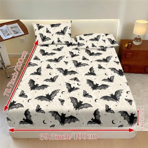 Halloween Bat Bed Sheets Set Queen Size - Bat Fitted Sheet & Pillowcases - Beige