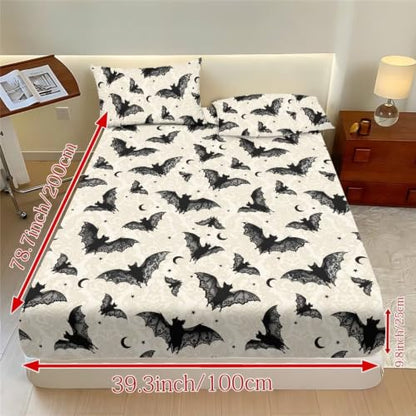 Halloween Bat Bed Sheets Set Queen Size - Bat Fitted Sheet & Pillowcases - Beige