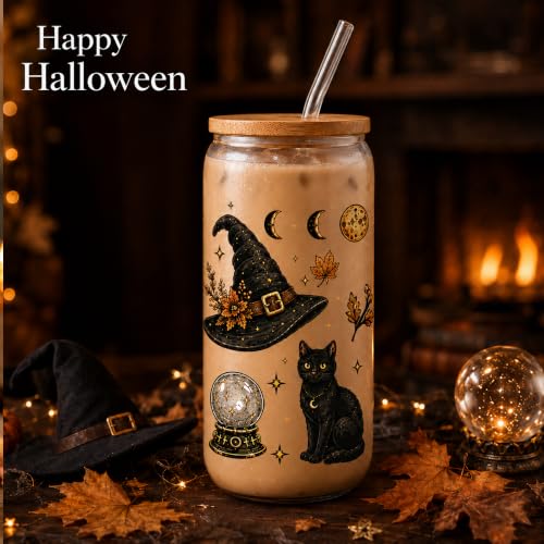 Halloween Glass Cup with Lid & Straw - 16oz Witch Design, Spooky Drinking Bottle