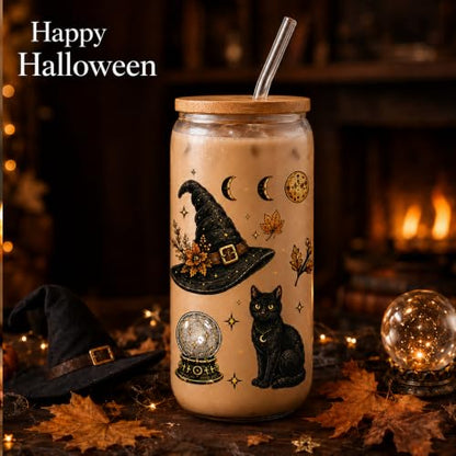 Halloween Glass Cup with Lid & Straw - 16oz Witch Design, Spooky Drinking Bottle
