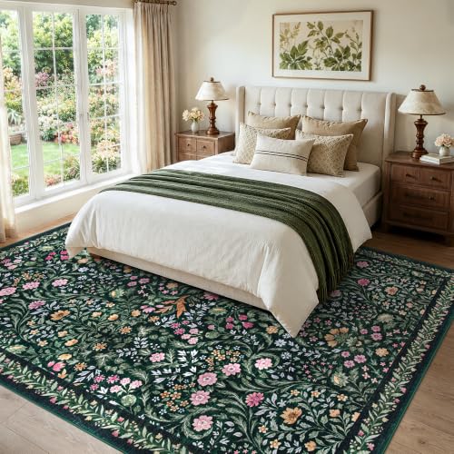 Dark Green 8x10 Boho Floral Washable Rug - Farmhouse & Vintage Style
