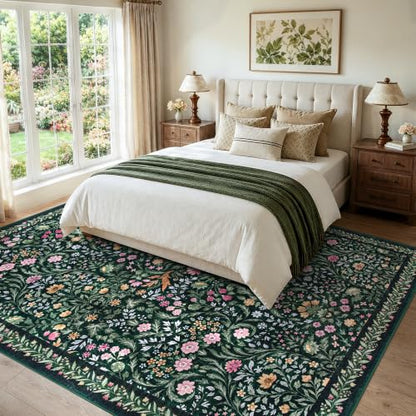 Dark Green 8x10 Boho Floral Washable Rug - Farmhouse & Vintage Style