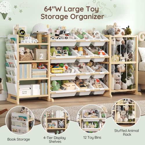 64-Inch Large Toy Storage Organizer with 4 Kids Bookshelf & 12 Bins - Toddler Playroom Storage