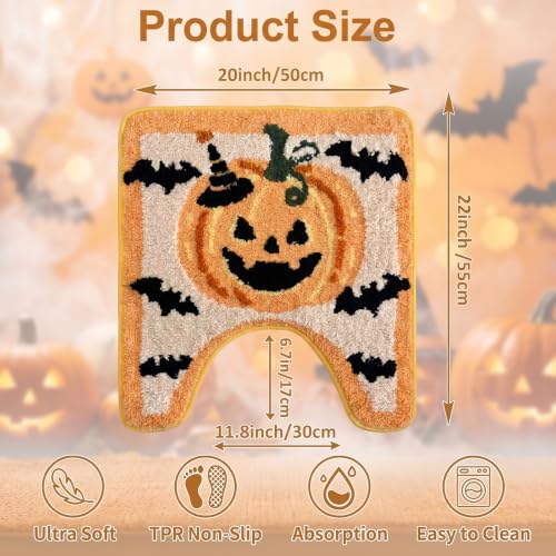 Halloween Pumpkin Bat U-Shaped Toilet Rug - Yellow Pumpkin, Plush Non-Slip Bathroom Mat