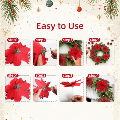 Artificial Red Christmas Poinsettia Flowers & Berry Picks - Holiday Decor, 66 pcs