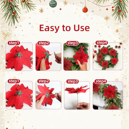 Artificial Red Christmas Poinsettia Flowers & Berry Picks - Holiday Decor, 66 pcs