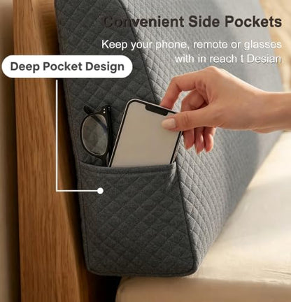Twin Size Support Foam Headboard Pillow with Side Pockets and Straps - Grey