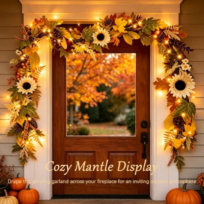 6FT Fall Garland with Lights Sunflower Pumpkin Berry Pinecone Decor for Autumn