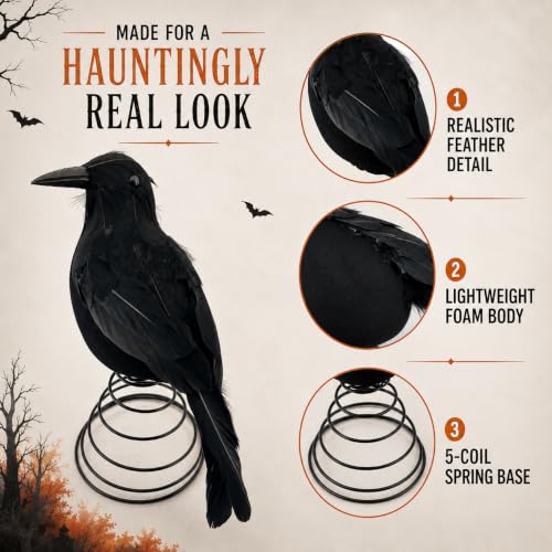 Halloween Crow Tree Topper - 9 Inch Black Raven Decoration for Tall Trees