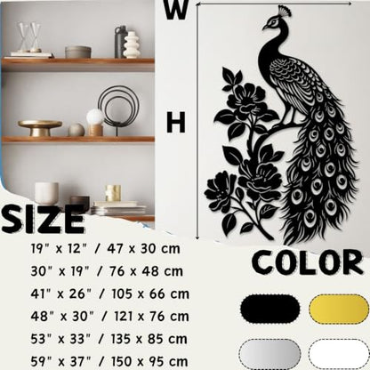 Peacock Metal Wall Art with Peonies - Black, 30 x 19 inches Wall Decor
