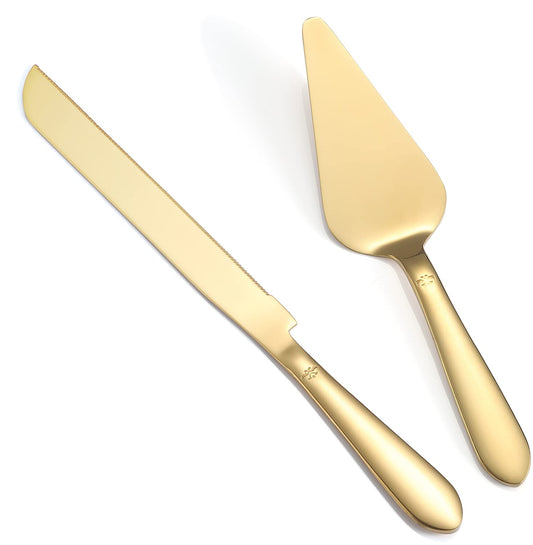 Eisinly Cake Cutting Set for Wedding, Elegant Knife and Server with Thickened Stainless Steel Rounded Edges, Cutter Pie Spatula Birthday Anniversary Christmas Gift of 2, Gold