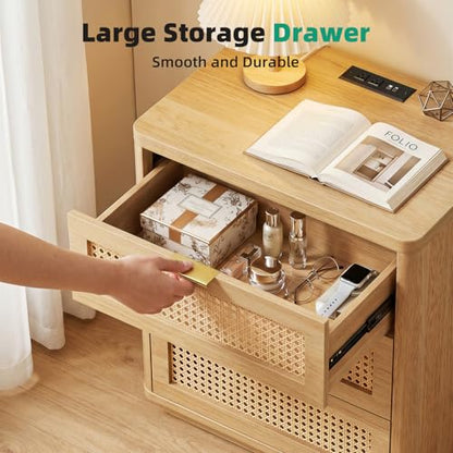 23" W Rattan Nightstand with 3 Drawers – Natural Oak Bedroom Table
