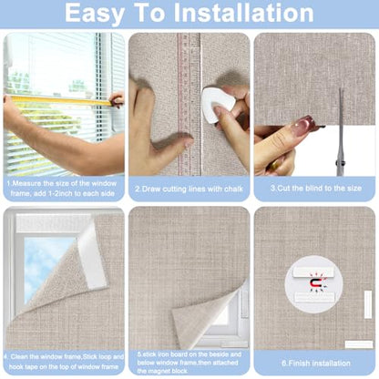Khaki 78x57 Inch Blackout Linen Curtains for Bedroom No Drill Magnetic Window Cover