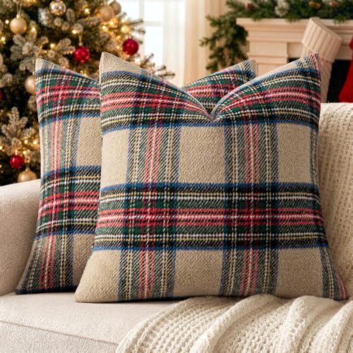 Christmas Khaki Scottish Check Pillow Covers 18x18 Plush Set of 2 - Holiday Home Decor