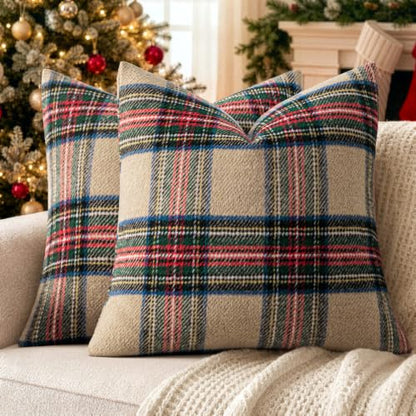 Christmas Khaki Scottish Check Pillow Covers 18x18 Plush Set of 2 - Holiday Home Decor
