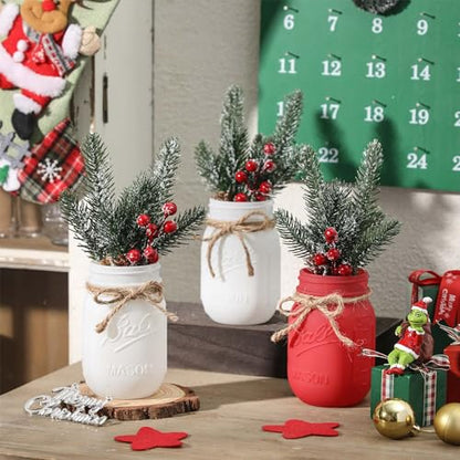 Christmas Mason Jars Set with Wooden Tray - White & Red Decorative Centerpieces