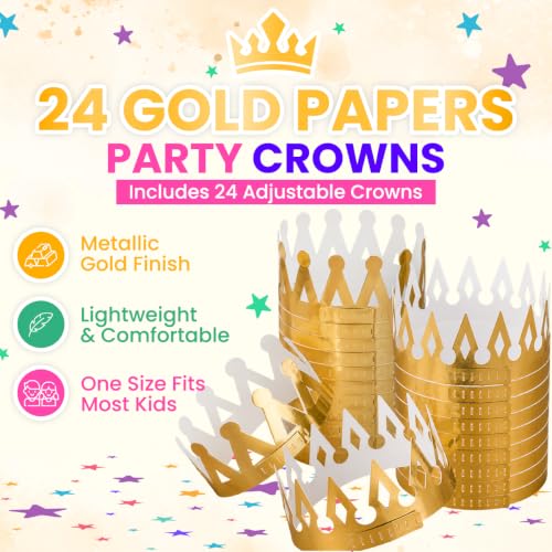 Gold Paper Crown Party Hats - 24 Pack Adjustable Royal Costumes for Kids & Adults
