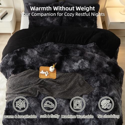 Long Shag Faux Fur Comforter Set - Full Size Black Fluffy Bed Bedding with Tie-Dye Option