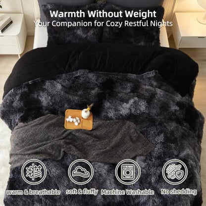 Long Shag Faux Fur Comforter Set - Full Size Black Fluffy Bed Bedding with Tie-Dye Option