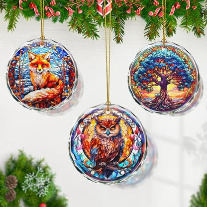 Stained Glass Owl Christmas Ornament - Holiday Tree Decor, Gift, Variation of Owl