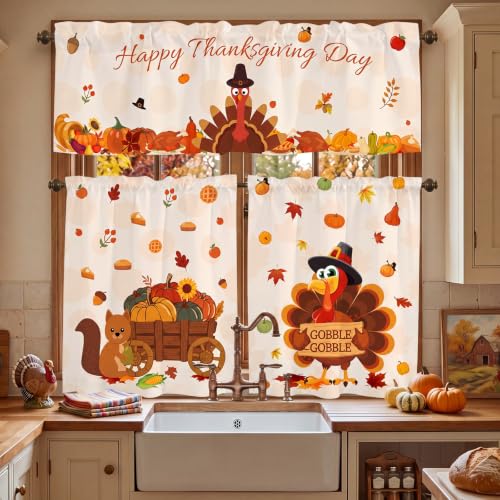 Thanksgiving Turkey Fall Kitchen Curtain Set 3 Pieces - Turkey / 11.4"W x 11.4"L